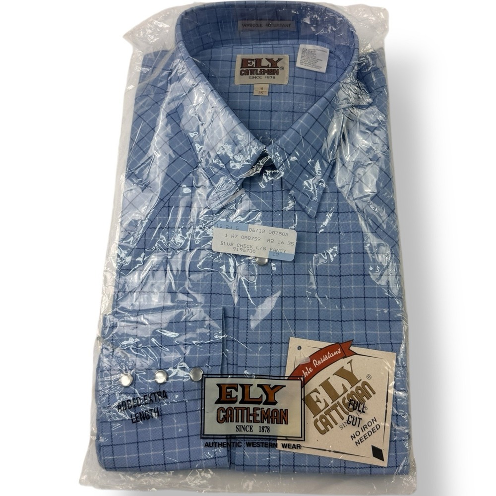 Ely Cattleman Blue Check Pearl Snap Shirt Men's Size 16/35 NWT